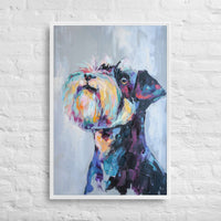 Custom abstract Schnauzer dog muzzle canvas art, vibrant colors and textures, perfect for personalized home decor.