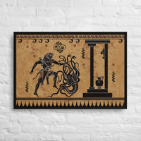 Custom printed canvas art of Hercules battling the Hydra in traditional Greek style, showcasing heroism and mythology.