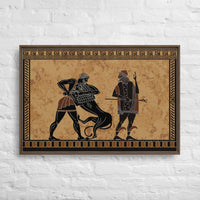 Custom printed canvas art of Hercules battling a lion in black figure pottery style, showcasing mythological strength.