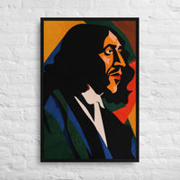 Custom printed portrait of Baruch Spinoza, featuring dynamic colors and a Bauhaus-inspired design for personalized art.