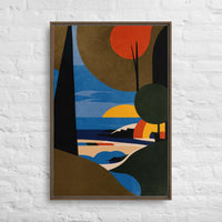 Custom printed Bauhaus sunset canvas art, featuring geometric designs and vibrant colors, perfect for personalized decor.