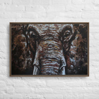 Custom printed canvas art featuring a powerful close-up of a gray brown African elephant.