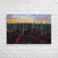 Custom printed canvas art featuring a black cat overlooking a vibrant city skyline at twilight.