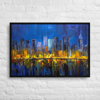 Custom printed art of Manhattan skyline in vibrant fiery hues, framed for lasting beauty.