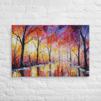 Custom printed abstract art of a vibrant forest scene with violet and orange hues, perfect for personalized decor.