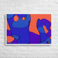 Custom vibrant abstract cartoon canvas art with dynamic curved lines in blue and orange.