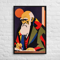 Custom printed portrait of Charles Darwin in Bauhaus style, reflecting his groundbreaking insights in art.