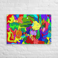 Custom printed canvas art featuring colorful abstract monsters in vibrant hues, perfect for eclectic decor.
