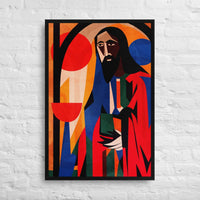 Custom contemporary Jesus portrait in vibrant Bauhaus style, printed canvas art for personalized decor.