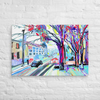 Custom printed contemporary art of a winter road scene, featuring vibrant colors and dynamic lines.