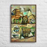 Custom printed cubist art showcasing abstract forms of countryside in earthy tones, perfect for personalized decor.