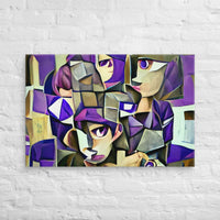 Custom cubist artwork of a woman's face, printed in bold purple and beige tones, perfect for modern art lovers.