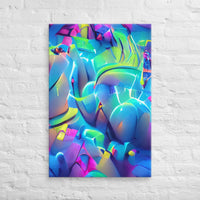 Custom printed art featuring neon colors and cubist shapes, ideal for personalized modern decor.