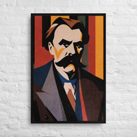 Custom printed portrait of Friedrich Wilhelm Nietzsche, featuring bold colors and contemporary art elements.