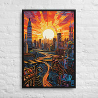 Custom printed canvas art of a vibrant futuristic cityscape at sunrise, showcasing dynamic architecture and roads.