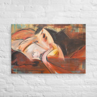 Custom printed abstract landscape canvas art featuring rugged mountains and a winding path in warm hues.