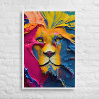 Custom printed lion canvas art featuring vibrant multi-colored paint splashes for a personalized touch.