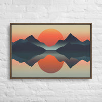 Custom minimalist sunset framed canvas art with serene mountain reflection, perfect for personalized decor.