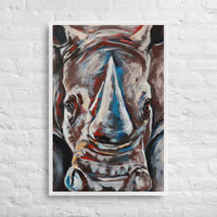 Custom printed canvas art of a gray rhino, showcasing expressive brushstrokes and earthy tones.