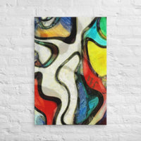 Custom printed Mondrian-style art canvas featuring vibrant swirling shapes and bold colors.