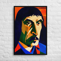 Custom printed portrait of René Descartes, featuring bold colors and modern art style, perfect for personalized decor.