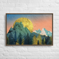 Custom printed canvas art featuring snow-capped mountains and a golden sunset over serene spruce trees.