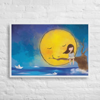 Custom printed artwork of a girl on branches under a glowing moon, evoking imagination and adventure.