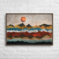 Custom printed canvas art featuring a colorful mountain range and orange sun, ideal for personalized decor.