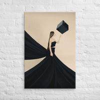 Custom printed canvas art featuring a woman in a black dress and a levitating cube, evoking mystery and elegance.