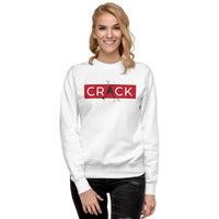 Custom printed unisex sweatshirt featuring bold 'CRACK' design on cracked sticker for personalized street style.