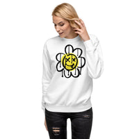 Custom Flower Face Emoji sweatshirt featuring playful graffiti art and personalized style in unisex design.