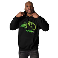 Custom printed Gecko unisex premium hoodie featuring a vibrant green lizard design and artistic watercolor details.