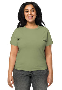 Custom printed women's high-waisted tee in a classic green color, perfect for personalized style and comfort.