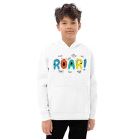 Customizable Roar Dinosaur Cartoon Kids Fleece Hoodie with vibrant printed design and playful graphics.