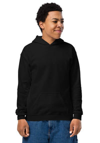 Customizable youth heavy blend hoodie in black featuring a soft fleece fabric and front pouch pocket.
