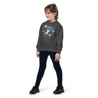 Custom printed Space Cat youth crew neck sweatshirt featuring a curious cat in a cosmonaut helmet, perfect for personalized style.