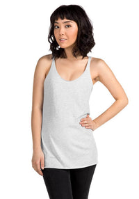 Custom printed women's racerback tank top in soft gray fabric, perfect for personalized style.