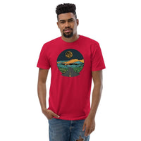 Custom printed Cosmic Dreamy Roads men's fitted t-shirt featuring a vibrant mountain road and luminous moon design.