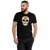 Men's fitted T-shirt featuring a custom printed Mexican ornamental skull design for a personalized touch.
