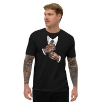 Custom printed men's fitted t-shirt featuring tattooed hands adjusting a tie for a personalized urban style.