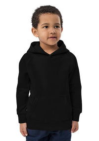 Custom printed black Kids Eco Hoodie featuring a front pouch pocket and soft organic fabric for comfort and warmth.
