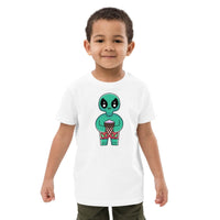 Custom printed organic cotton kids t-shirt featuring a playful alien enjoying ice cream.