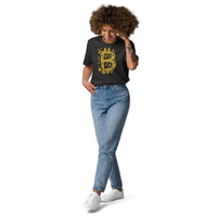 Custom printed unisex organic cotton t-shirt featuring a dynamic Bitcoin logo design.