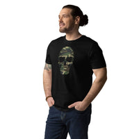 Customizable camouflage skull printed organic cotton T-shirt for men, showcasing unique art design.