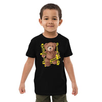 Custom printed organic cotton kids t-shirt featuring a teddy bear with warning tape art for a personalized touch.