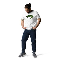 Custom printed organic cotton t-shirt featuring a detailed green crocodile design for personalized style.