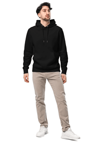 Custom black hoodie for men, featuring a double-layered hood and front pouch pocket, perfect for personalized streetwear.