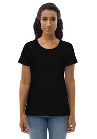 Customizable women's fitted eco tee in black, made from organic cotton for a personalized look.