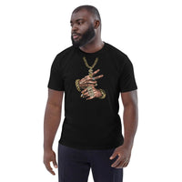 Custom printed unisex t-shirt featuring tattooed hands and gold chain design, perfect for personalized fashion.