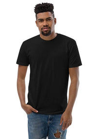 Men's black fitted T-shirt, customizable for personalized designs and printed art, worn by a male model.